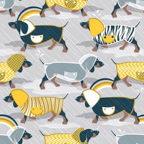 Small scale // April showers frenzy // light grey background navy blue dachshunds dogs with yellow and transparent rain coats