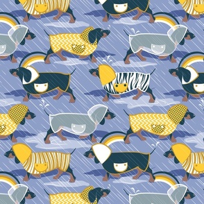 Normal scale // April showers frenzy // indigo blue background navy blue dachshunds dogs with yellow and transparent rain coats