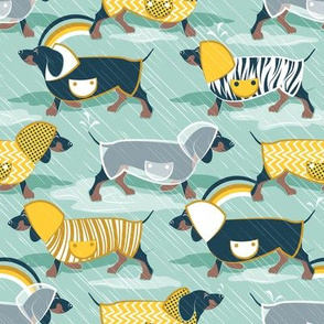 Small scale // April showers frenzy // aqua background navy blue dachshunds dogs with yellow and transparent rain coats