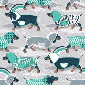 Small scale // April showers frenzy // light grey background navy blue dachshunds dogs with teal green and transparent rain coats