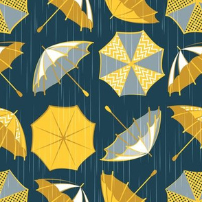 Small scale // Rainy days // navy blue background yellow umbrellas