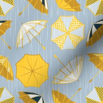 Small scale // Rainy days // pastel blue background yellow umbrellas
