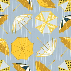 Small scale // Rainy days // pastel blue background yellow umbrellas