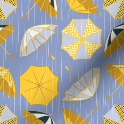 Small scale // Rainy days // indigo blue background yellow umbrellas