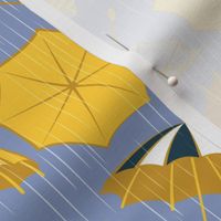 Small scale // Rainy days // indigo blue background yellow umbrellas
