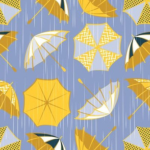 Small scale // Rainy days // indigo blue background yellow umbrellas