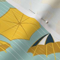 Small scale // Rainy days // aqua background yellow umbrellas