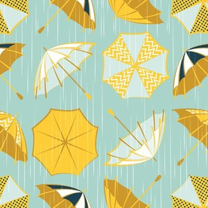 Small scale // Rainy days // aqua background yellow umbrellas