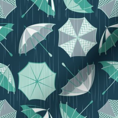 Small scale // Rainy days // navy blue background green and aqua umbrellas