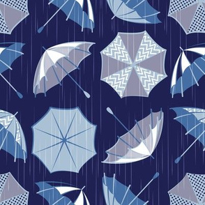 Small scale // Rainy days // navy blue background indigo umbrellas