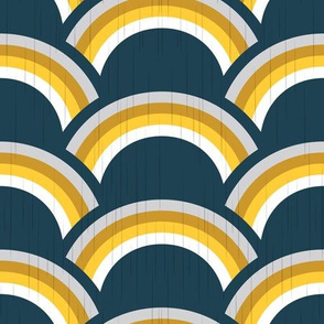 Normal scale // Rainy rainbows // navy blue background yellow and light grey rainbow