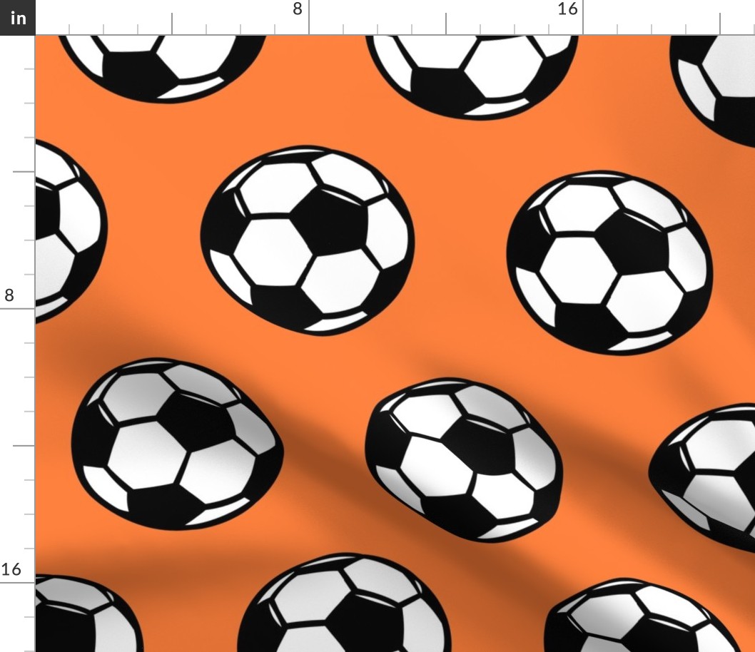 (large scale) Soccer balls on orange - sports fabric -  LAD19