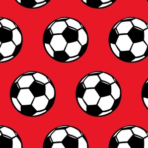 (large scale) Soccer balls on red - sports fabric -  LAD19