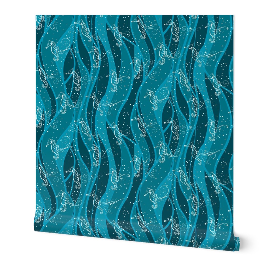 Seahorses Sing  | White on Teal