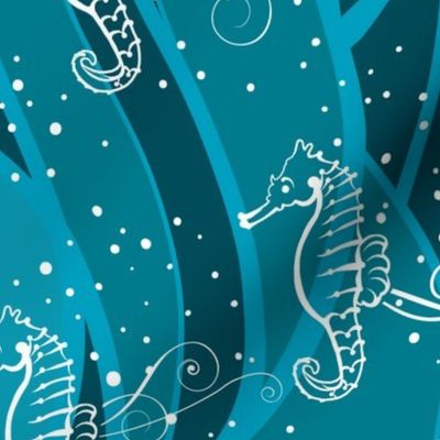 Seahorses Sing  | White on Teal