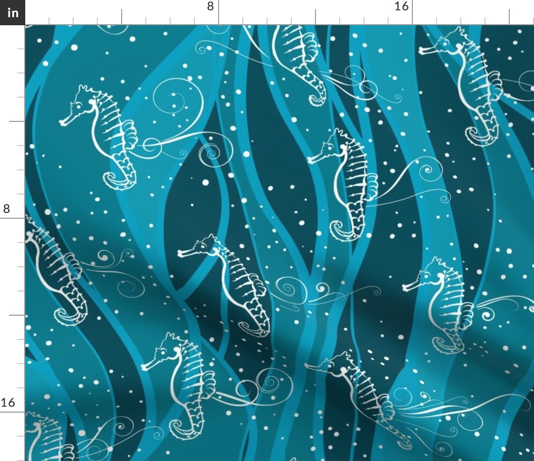 Seahorses Sing  | White on Teal