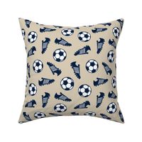 Soccer balls and cleats - navy on tan - soccer gear - LAD19