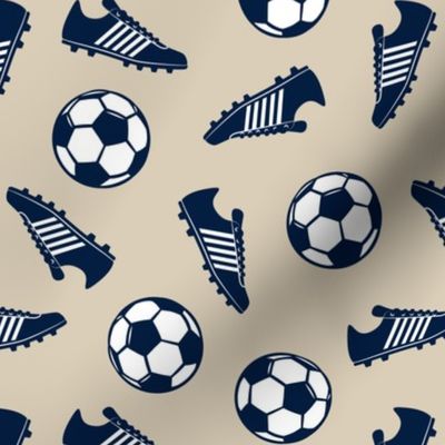 Soccer balls and cleats - navy on tan - soccer gear - LAD19