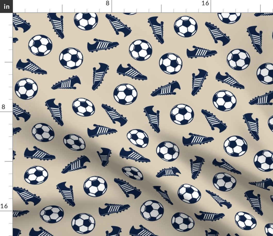 Soccer balls and cleats - navy on tan - soccer gear - LAD19