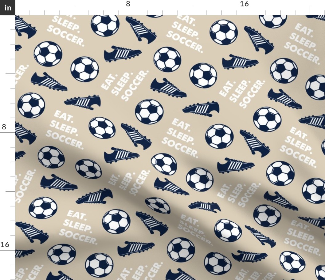 Eat Sleep Soccer - Soccer ball and cleats - tan and navy - LAD19