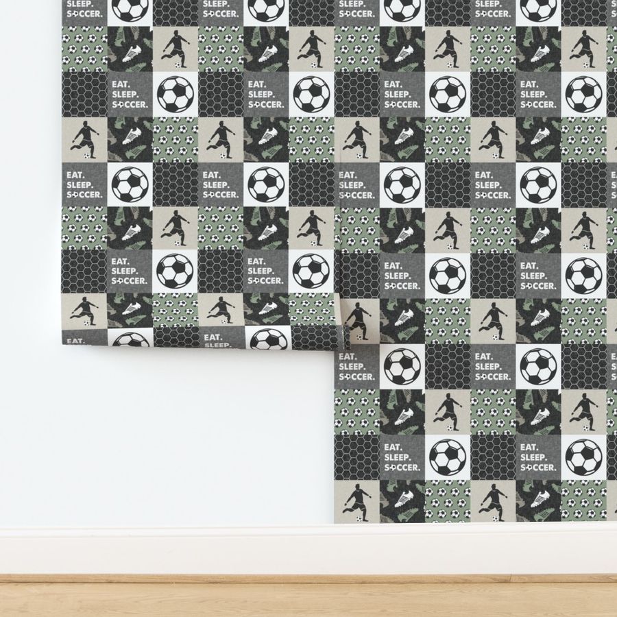 Eat. Sleep. Soccer. - mens/boys  soccer wholecloth in sage - patchwork sports - LAD19