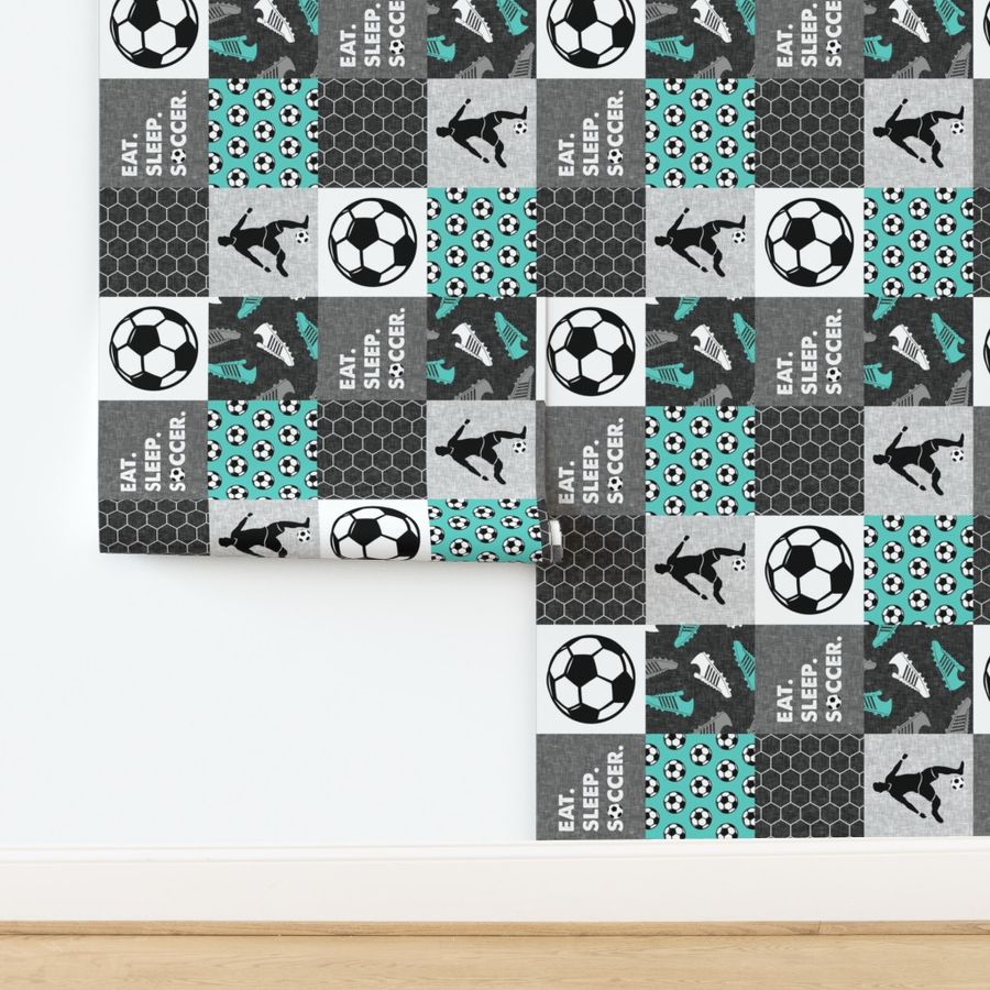 Eat. Sleep. Soccer. - mens/boys  soccer wholecloth in teal - patchwork sports (90) - LAD19