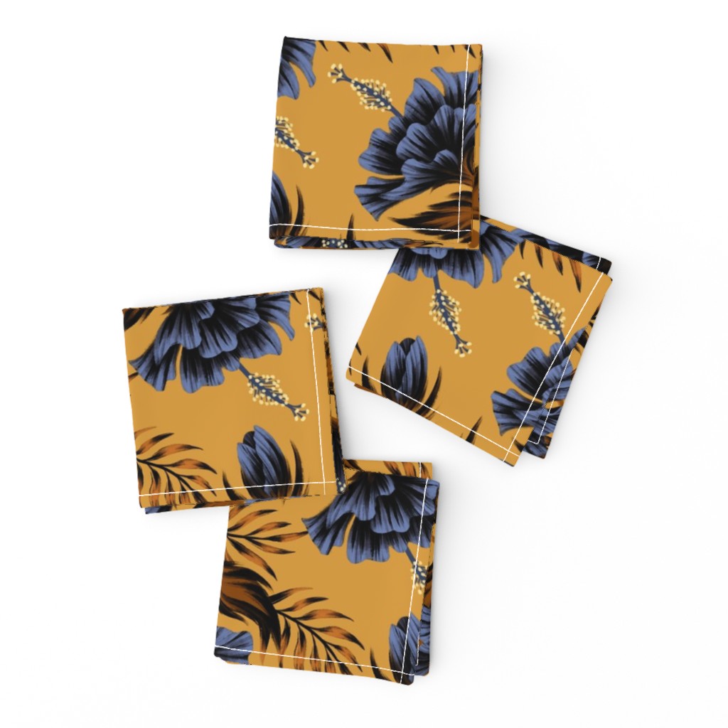 Hibiscus Floral - Mustard Navy