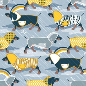 Normal scale // April showers frenzy // pastel blue background navy blue dachshunds dogs with yellow and transparent rain coats