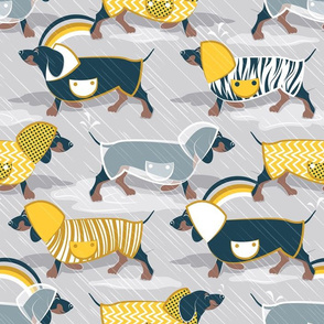 Normal scale // April showers frenzy // light grey background navy blue dachshunds dogs with yellow and transparent rain coats