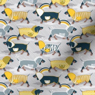 Tiny scale // April showers frenzy // light grey background navy blue dachshunds dogs with yellow and transparent rain coats