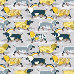 Tiny scale // April showers frenzy // light grey background navy blue dachshunds dogs with yellow and transparent rain coats