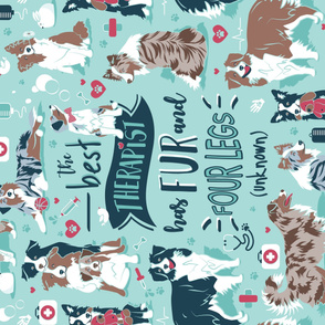 Blanket scale // The best therapist has fur and four legs quote // aqua background red details with Australian Shepherds / Aussies dogs