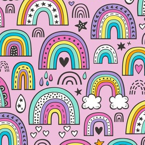 Rainbow Hearts & Stars Summer Love Doodle Purple on Magenta Pink