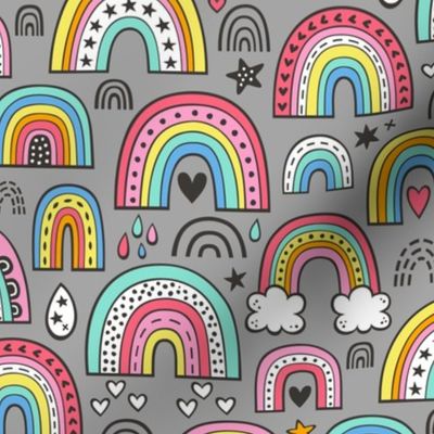 Rainbow Hearts & Stars Summer Love Doodle on Grey