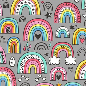 Rainbow Hearts & Stars Summer Love Doodle on Grey