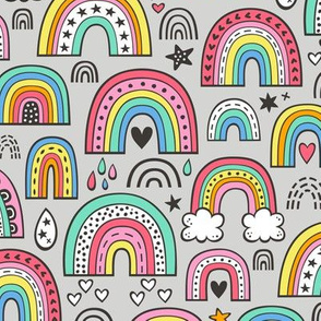 Rainbow Hearts & Stars Summer Love Doodle on Light Grey