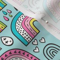 Rainbow Hearts & Stars Summer Love Doodle Pink on Light Blue