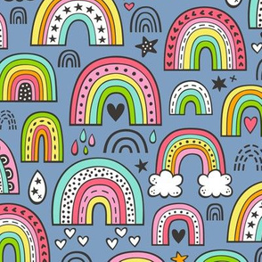 Rainbow Hearts & Stars Summer Love Doodle on Navy Blue