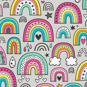 Rainbow Hearts & Stars Summer Love Doodle Pink on Light Grey