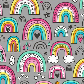 Rainbow Hearts & Stars Summer Love Doodle Pink on Grey