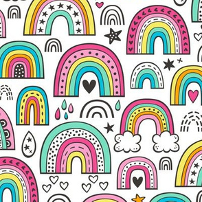 Rainbow Hearts & Stars Summer Love Doodle Pink on White