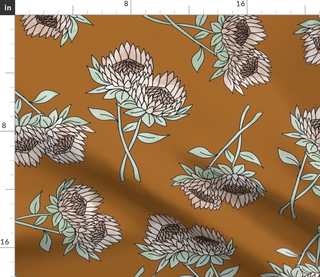 LARGE protea flower fabric - home decor fabric, protea wallpaper, protea flower bedding, protea flower design - rust