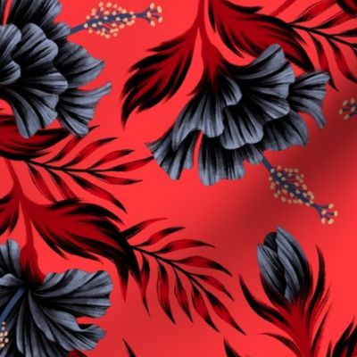 Hibiscus Floral - Bright Red Black