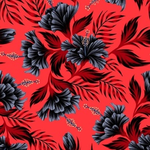 Hibiscus Floral - Bright Red Black