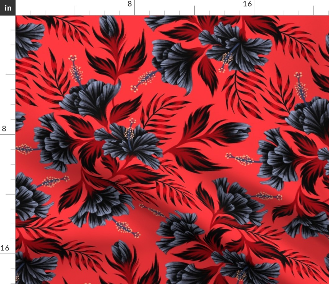 Hibiscus Floral - Bright Red Black