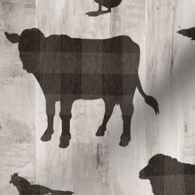 Farmhouse animals - brown plaid on ash wood