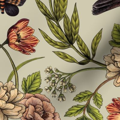 In The Garden - Nature Pattern w/ Birds, Flowers & Moths