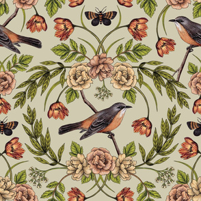 In The Garden - Nature Pattern w/ Birds, Flowers & Moths