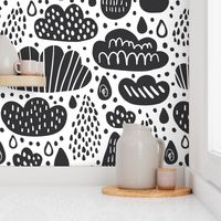 Black and white clouds, rainy drops in scandinavian style