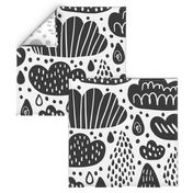 Black and white clouds, rainy drops in scandinavian style